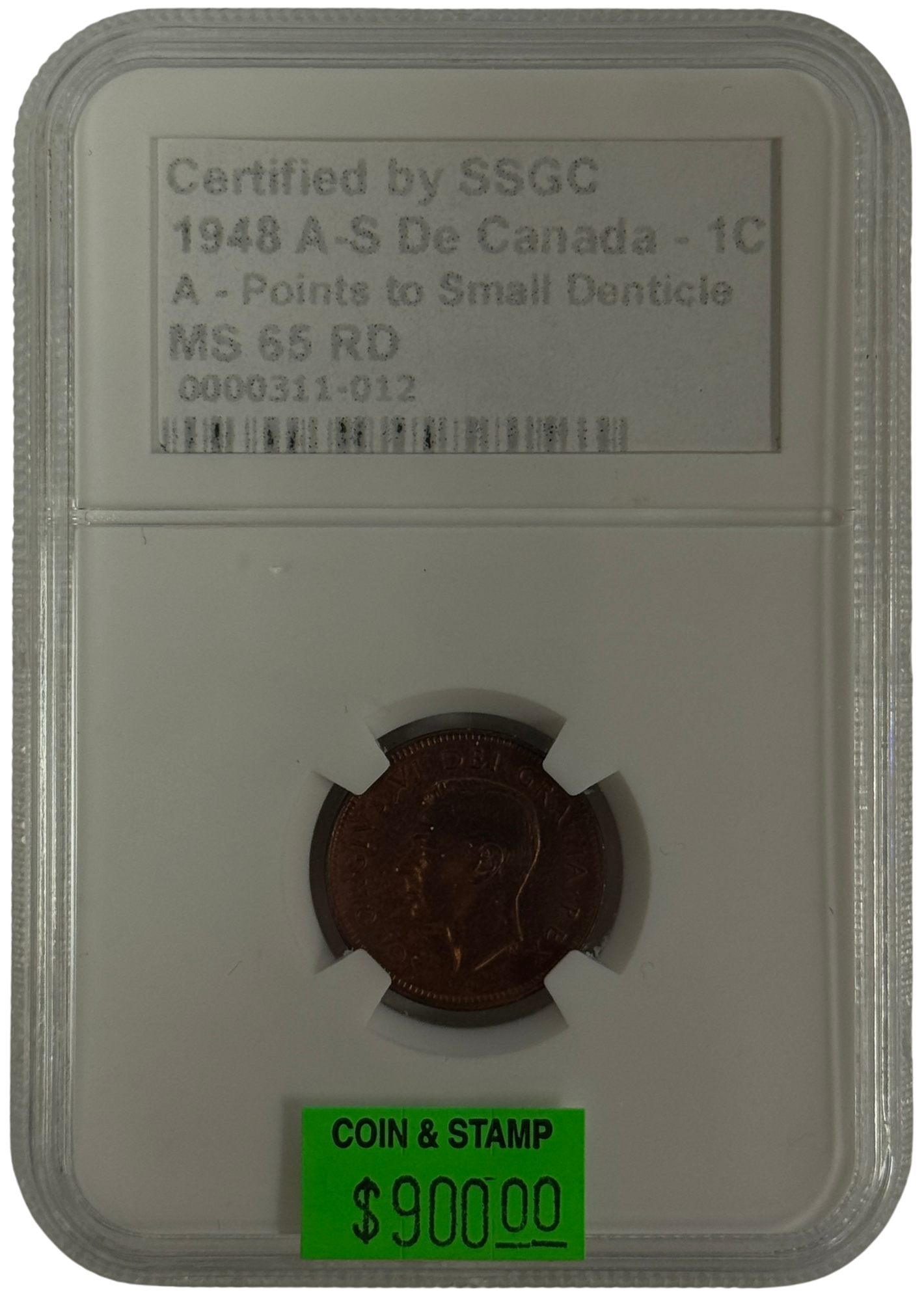 1948 1 CENT CANADA A-S DE A-POINTS TO SMALL DENTICLE – MS 65 RD – GRADED