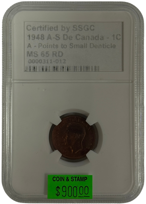 1948 1 CENT CANADA A-S DE A-POINTS TO SMALL DENTICLE – MS 65 RD – GRADED