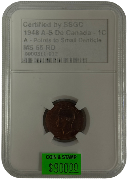 1948 1 CENT CANADA A-S DE A-POINTS TO SMALL DENTICLE – MS 65 RD – GRADED
