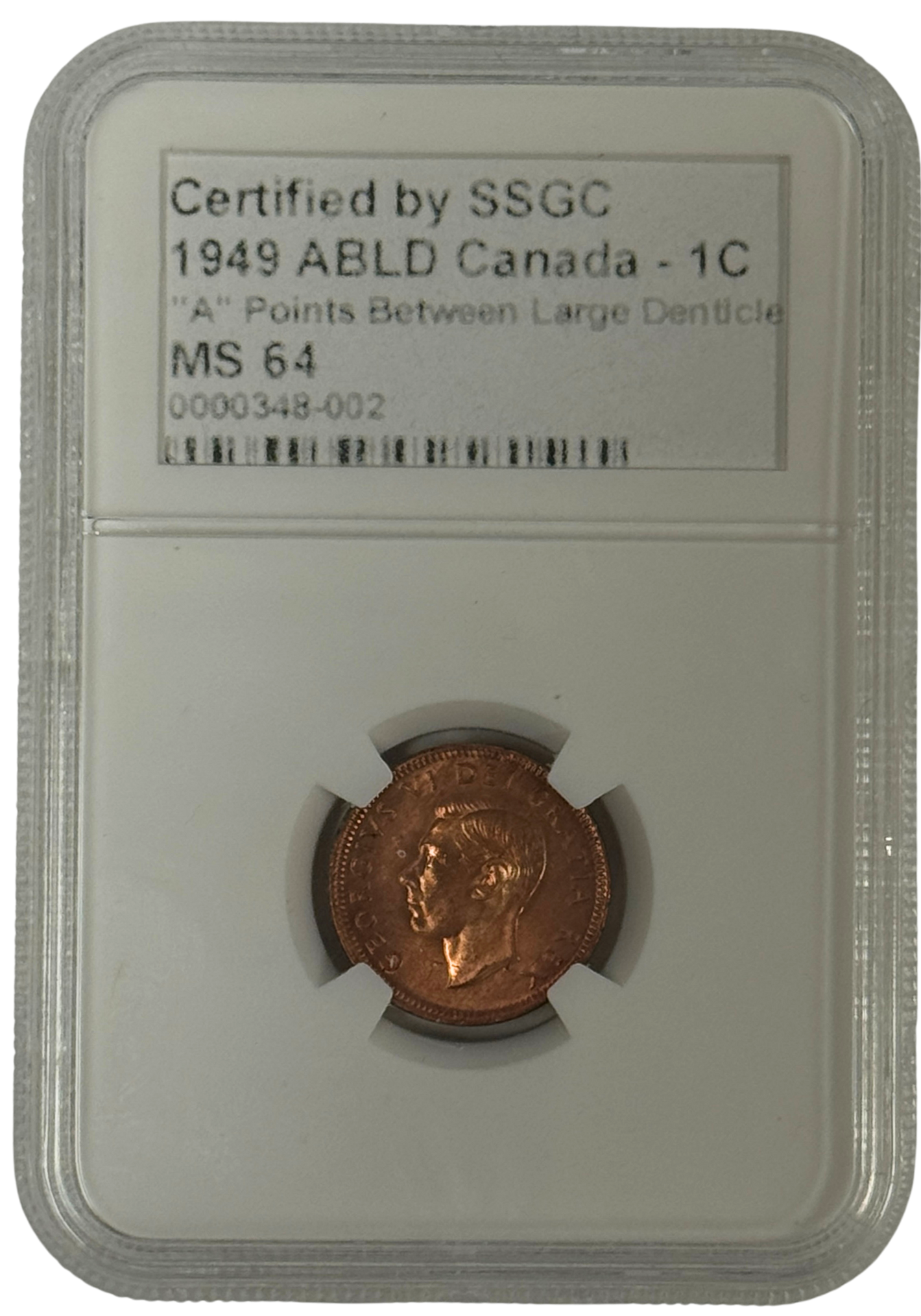 1949 1 CENT CANADA ABLD “A” POINTS BETWEEN LARGE DENTICLE – MS 64 – GRADED (348-002)