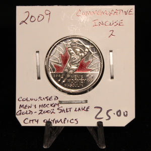 2009 CANADA CIRCULATION 25-CENT COMMEMORATIVE INCUSE 2 COLOURISED MEN'S HOCKEY GOLD - 2002 SALT LAKE CITY OLYMPICS