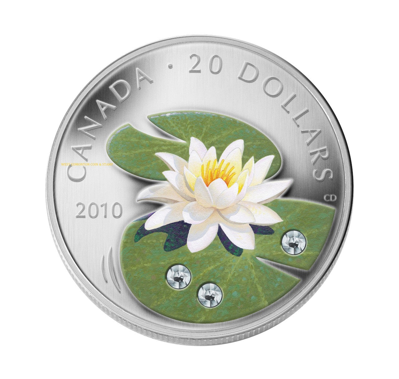 2010 1oz $20 WATER LILY WITH SWAROVSKI CRYSTALS FINE SILVER COIN