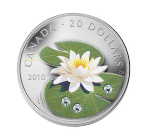 2010 1oz $20 WATER LILY WITH SWAROVSKI CRYSTALS FINE SILVER COIN