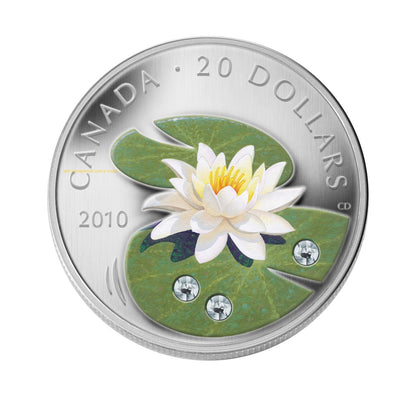 SALE - 2010 1oz $20 WATER LILY WITH SWAROVSKI CRYSTALS FINE SILVER COIN