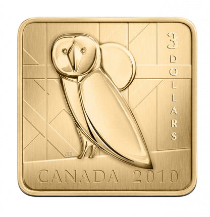 2010 $3 SQUARE SHAPED GOLD PLATED SILVER COIN - BARN OWL WILDLIFE CONSERVATION
