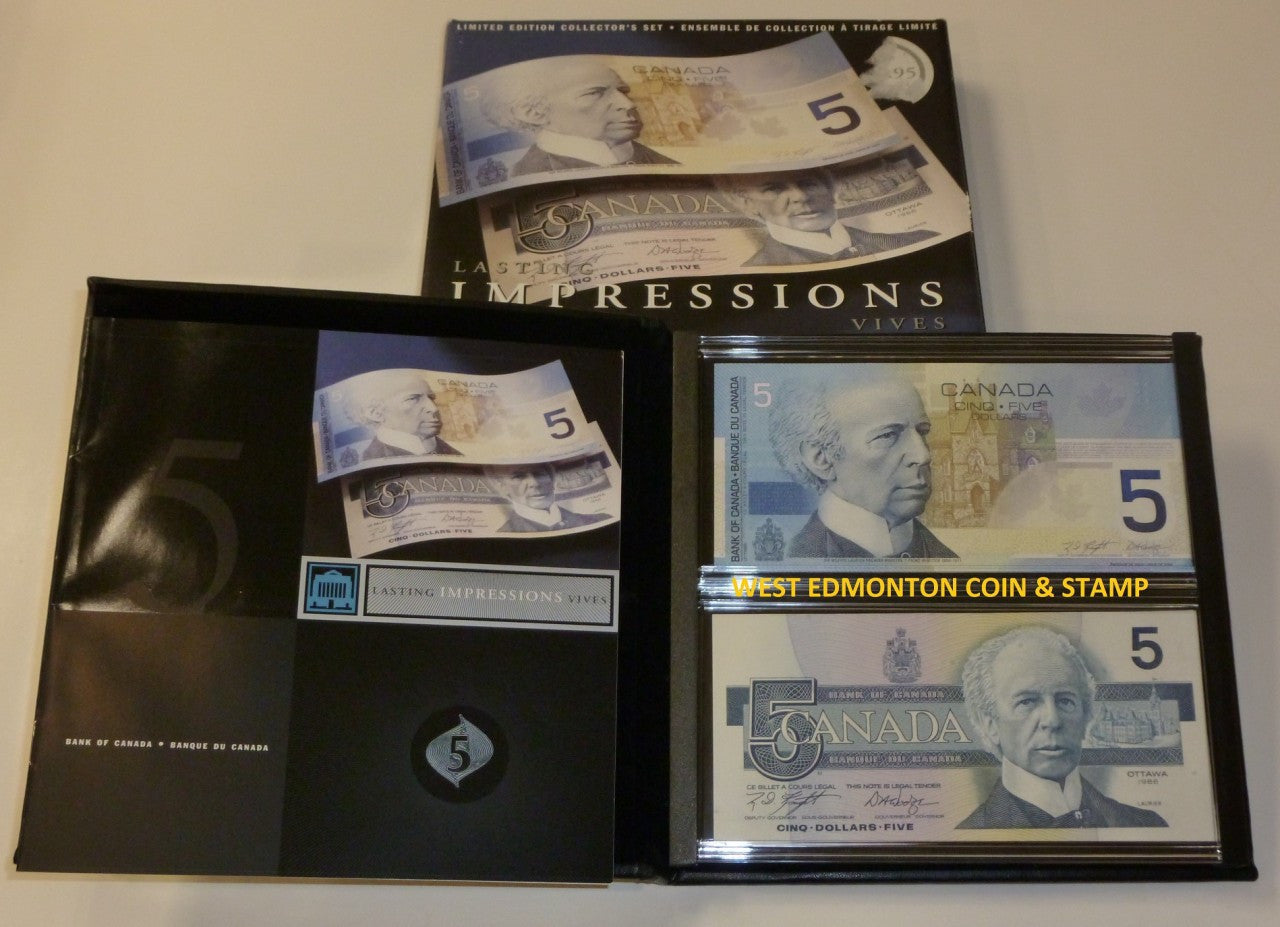 1986-2001 CANADIAN $5 BILL LASTING IMPRESSIONS. MATCHING SET OF TWO NOTES