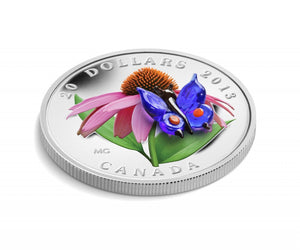 2013 1oz $20 - PURPLE CONEFLOWER AND VENETIAN GLASS EASTERN TAILED BLUE BUTTERFLY - FINE SILVER COIN
