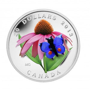 2013 1oz $20 - PURPLE CONEFLOWER AND VENETIAN GLASS EASTERN TAILED BLUE BUTTERFLY - FINE SILVER COIN