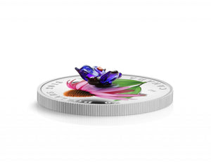 2013 1oz $20 - PURPLE CONEFLOWER AND VENETIAN GLASS EASTERN TAILED BLUE BUTTERFLY - FINE SILVER COIN