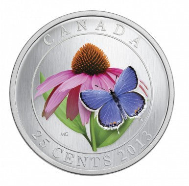 2013 25 CENT COLOURED COIN - PURPLE CONEFLOWER AND EASTERN TAILED BLUE