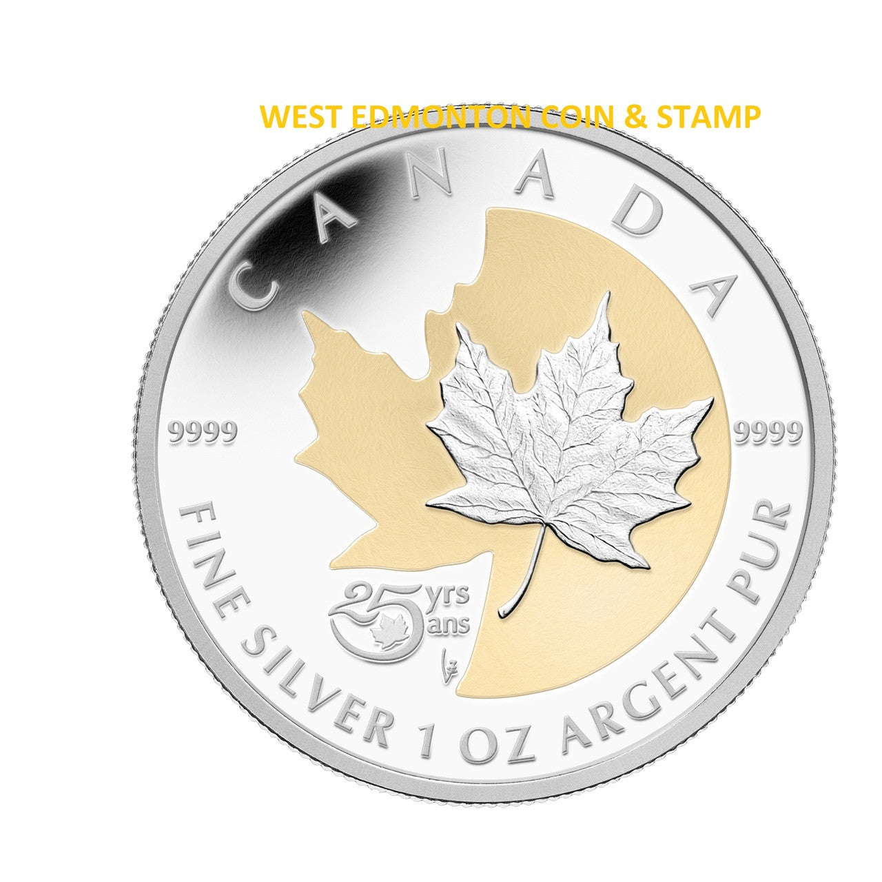 2013 1oz $5 25TH ANNIVERSARY OF THE SILVER MAPLE LEAF FINE SILVER & GOLD PLATED COIN