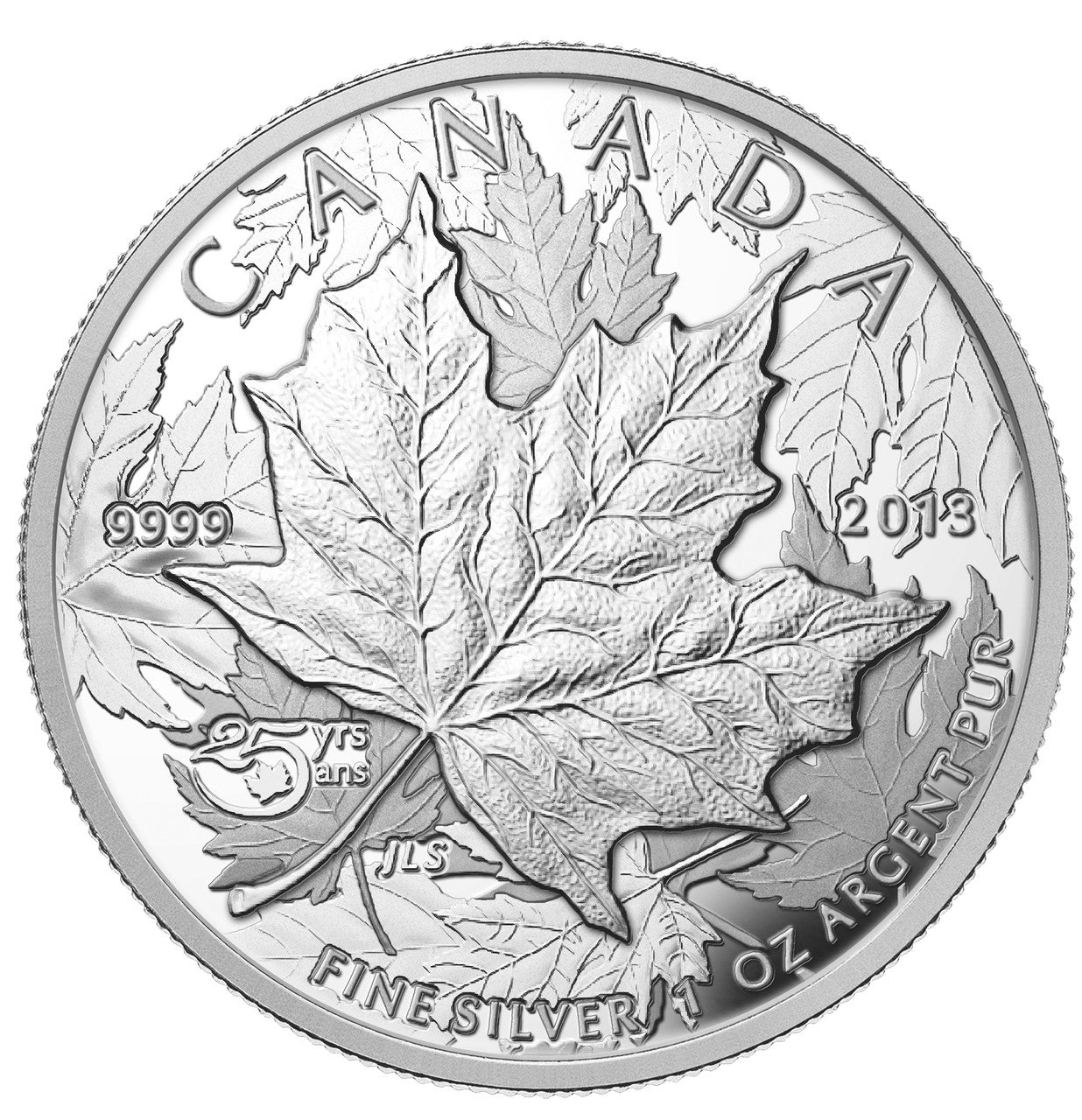 2013 1oz $5 25TH ANNIVERSARY OF THE SILVER MAPLE LEAF FINE SILVER HIGH RELIEF PIEDFORT