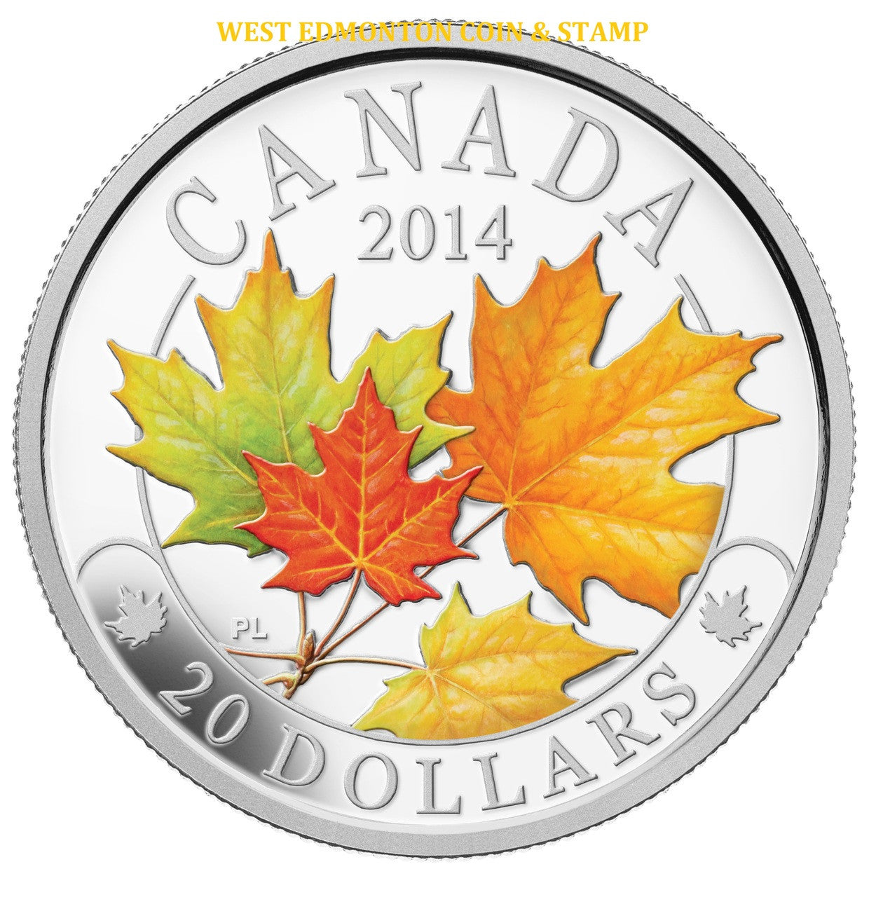 2014 1oz $20 MAJESTIC MAPLE LEAVES WITH COLOUR FINE SILVER COIN