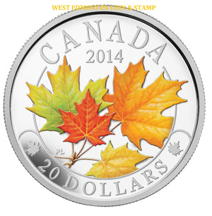 2014 1oz $20 MAJESTIC MAPLE LEAVES WITH COLOUR FINE SILVER COIN