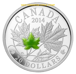 2014 1oz $20 MAJESTIC MAPLE LEAVES WITH JADE FINE SILVER COIN