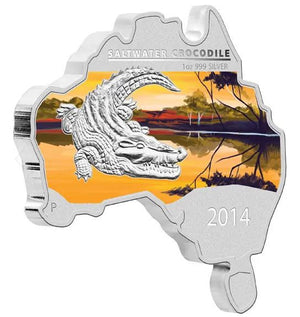 2014 AUSTRALIAN MAP SHAPED CROCODILE FINE SILVER COIN