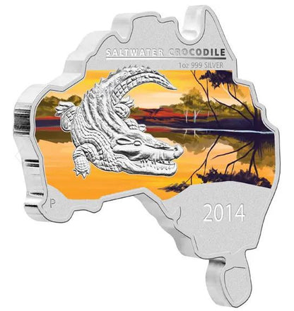 2014 AUSTRALIAN MAP SHAPED CROCODILE FINE SILVER COIN
