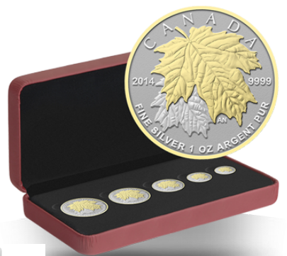 2014 FINE SILVER MAPLE LEAF FRACTIONAL 5-COIN SET - GOLD PLATED