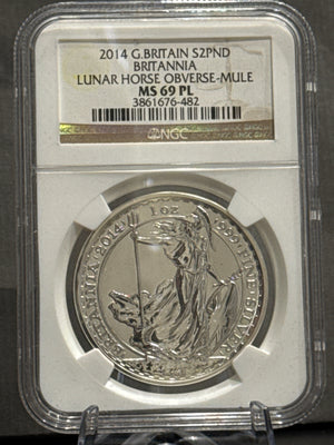 E-TRANSFER ONLY - 2014 1oz Â£2 GREAT BRITAIN BRITANNIA LUNAR HORSE OBVERSE-MULE MS69 PL GRADED FINE SILVER COIN