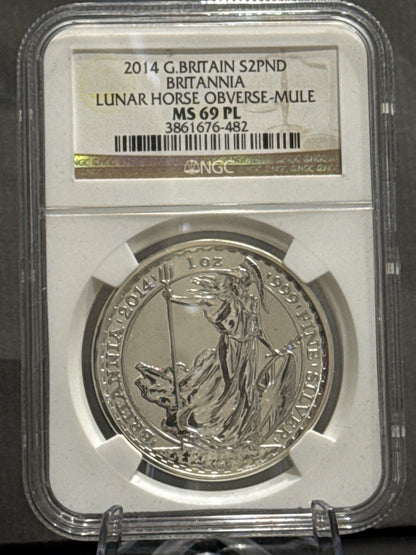 E-TRANSFER ONLY - 2014 1oz Â£2 GREAT BRITAIN BRITANNIA LUNAR HORSE OBVERSE-MULE MS69 PL GRADED FINE SILVER COIN