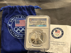 E-TRANSFER ONLY - 2014 1oz USOC SILVER MEDAL OLYMPIC WINTER GAMES HOCKEY ULTRA CAMEO GEM PROOF NGC GRADED