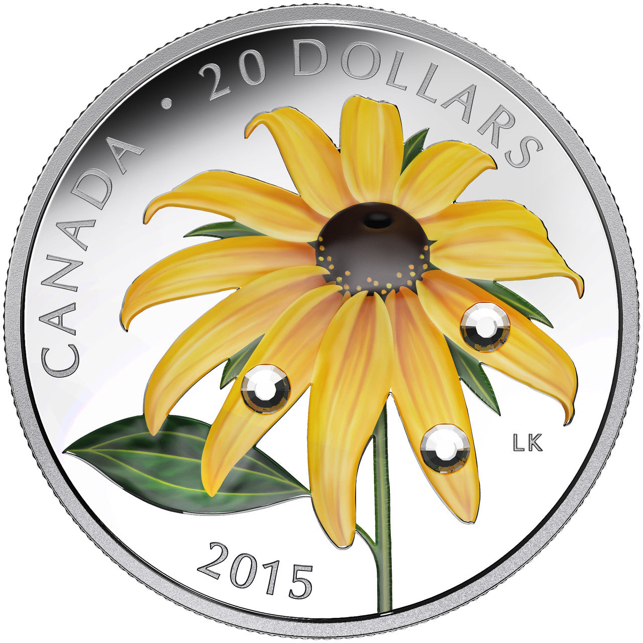 2015 1oz $20 BLACK-EYED SUSAN WITH CRYSTAL DEW DROPS FINE SILVER COIN