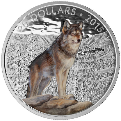 2015 1oz $20 MAJESTIC ANIMALS - IMPOSING ALPHA WOLF FINE SILVER COIN