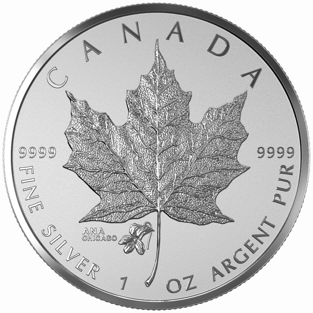 2015 1oz $5 ANA PRIVY MARK - CHICAGO STATE FLOWER: THE VIOLET FINE SILVER MAPLE LEAF COIN
