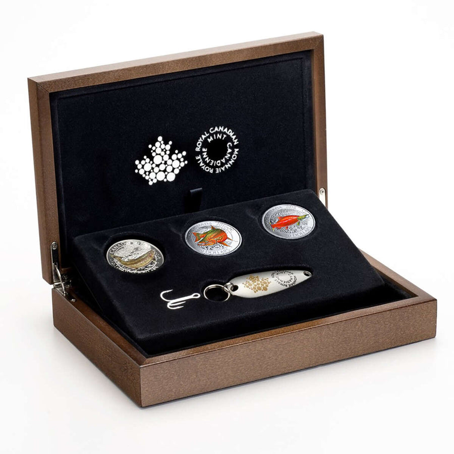 2016 3oz $20 CANADIAN SALMONID FINE SILVER 3-COIN SET WITH FISHING HOOK