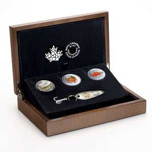 2016 3oz $20 CANADIAN SALMONID FINE SILVER 3-COIN SET WITH FISHING HOOK