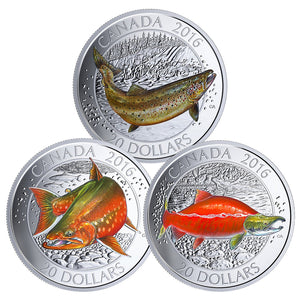 2016 3oz $20 CANADIAN SALMONID FINE SILVER 3-COIN SET WITH FISHING HOOK