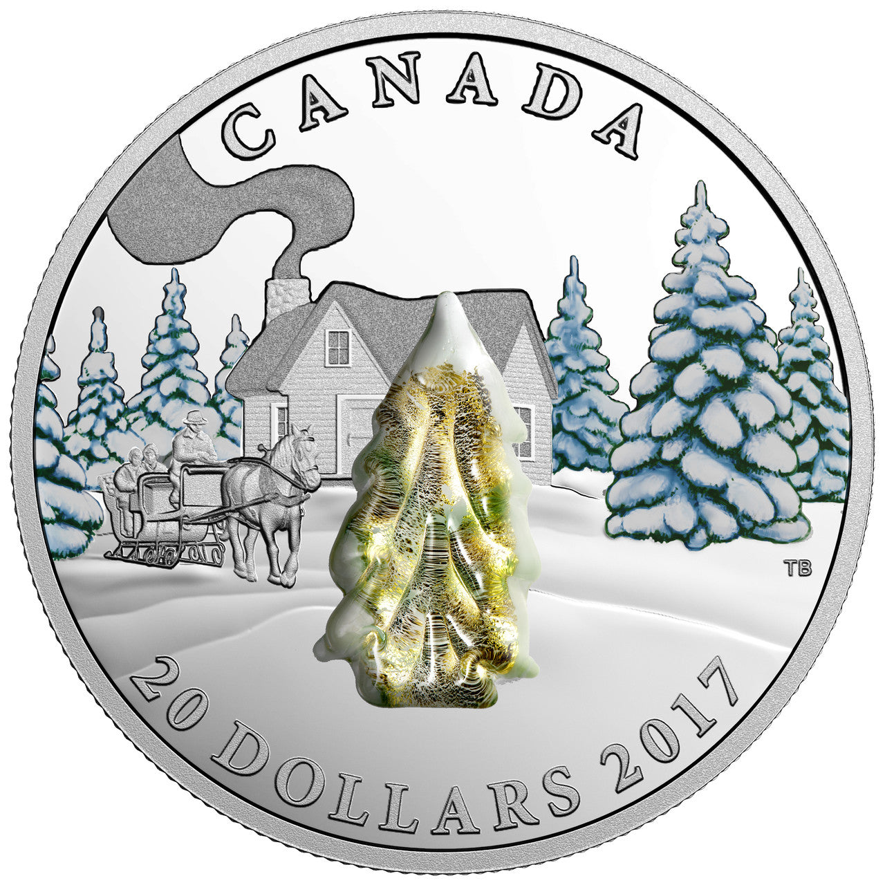 SALE - 2017 1oz $20 SNOW-COVERED TREES - MURANO GLASS FINE SILVER COIN (NO BLACK SLEEVE)