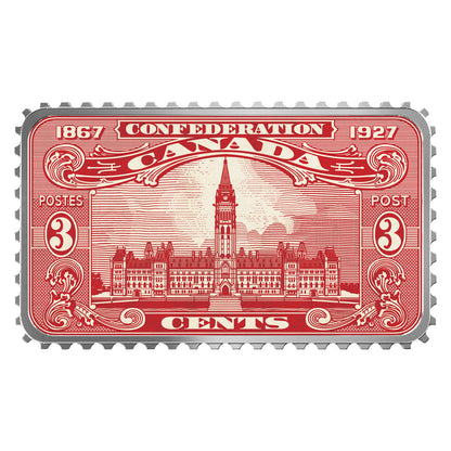 2018 1oz $20 CANADA'S HISTORICAL STAMPS: PARLIAMENT BUILDING 1927 CONFEDERATION FINE SILVER COIN