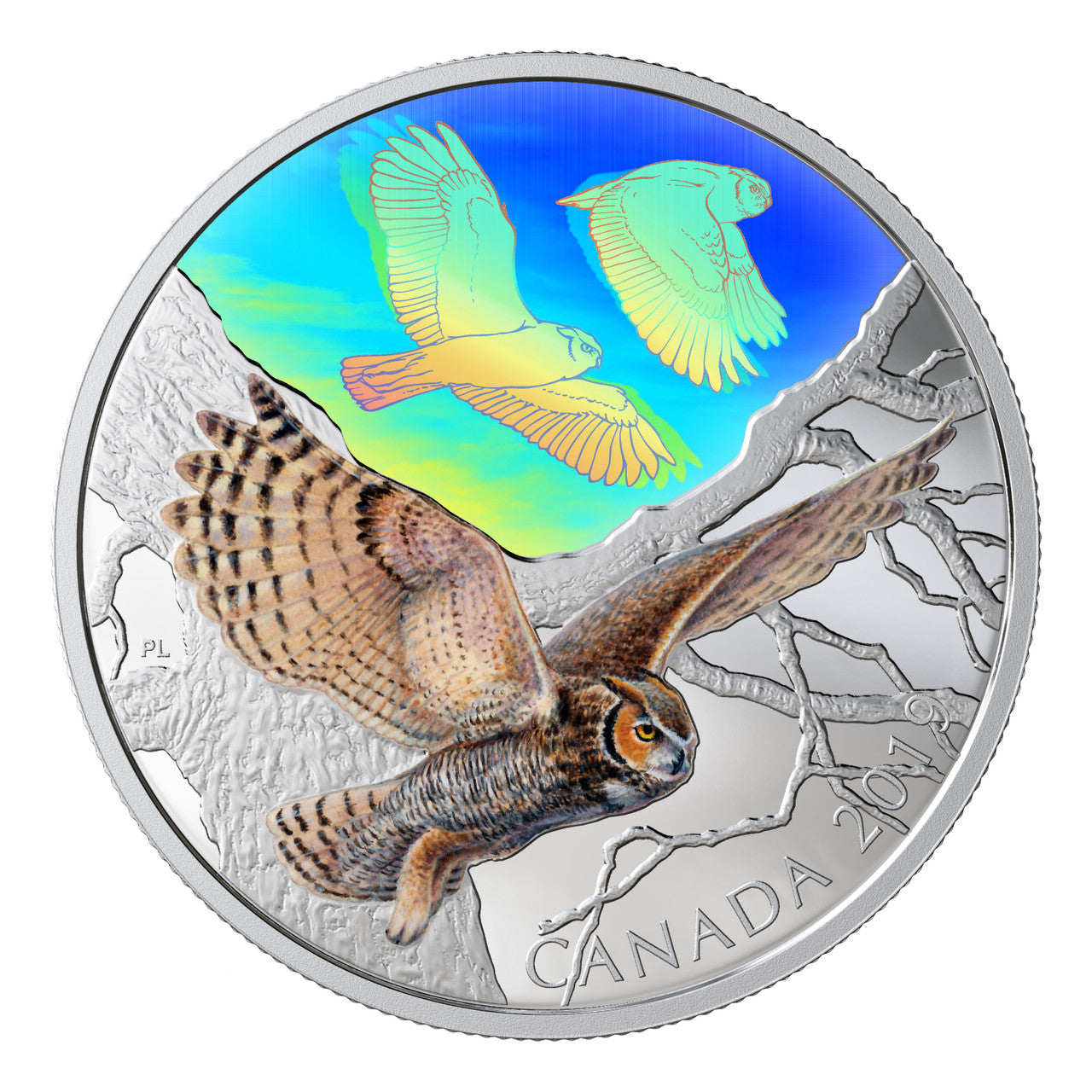 2019 2oz $30 MAJESTIC BIRDS IN MOTION: GREAT HORNED OWLS FINE SILVER COIN