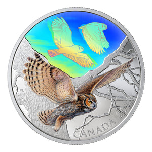 2019 2oz $30 MAJESTIC BIRDS IN MOTION: GREAT HORNED OWLS FINE SILVER COIN