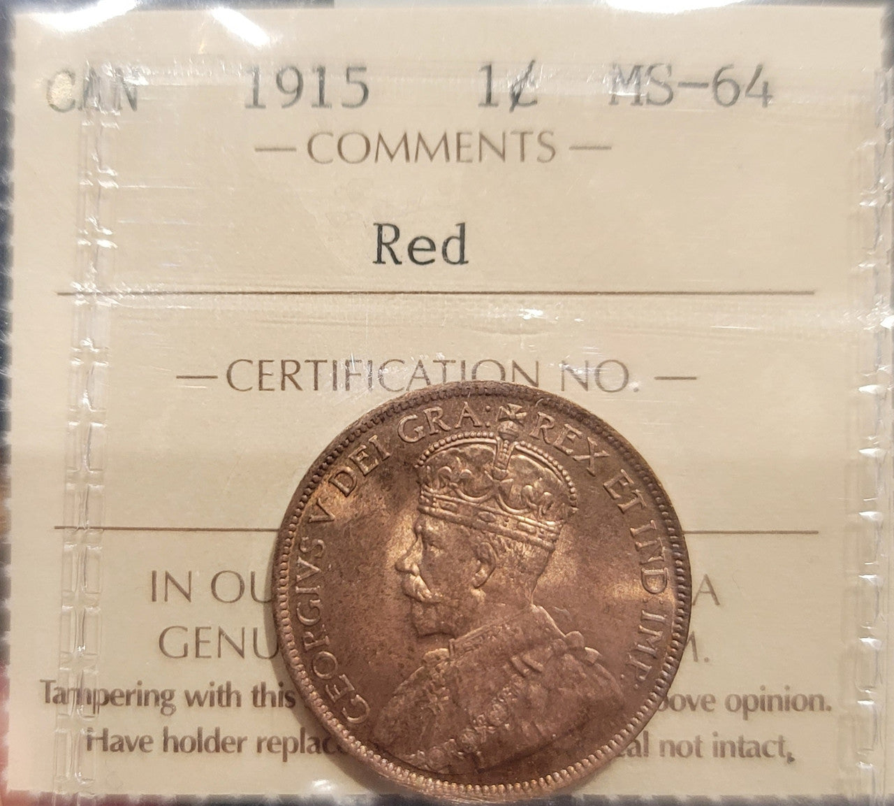 1915 CANADA CIRCULATION 1 CENT MS-64 - RED