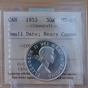 1953 CANADA CIRCULATION 50 CENT MS-63 SMALL DATE; HEAVY CAMEO