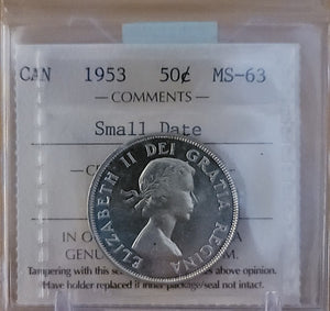 1953 CANADA CIRCULATION 50-CENT MS-63 SMALL DATE