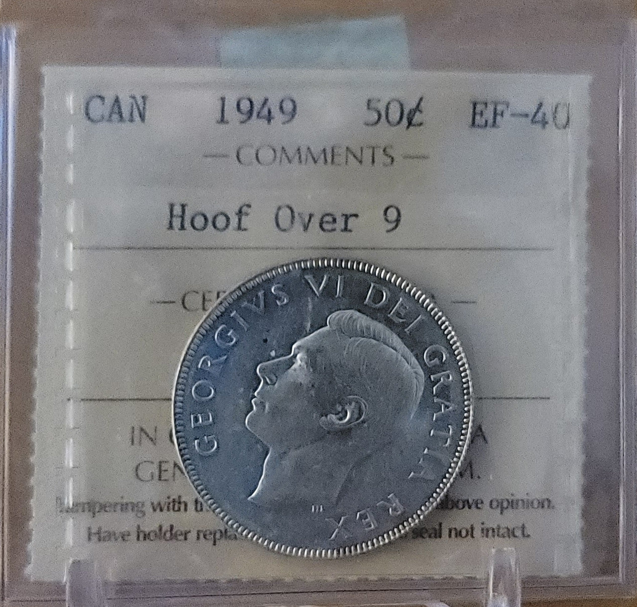1949 CANADA CIRCULATION 50 CENT EF-40 HOOF OVER 9