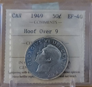 1949 CANADA CIRCULATION 50 CENT EF-40 HOOF OVER 9