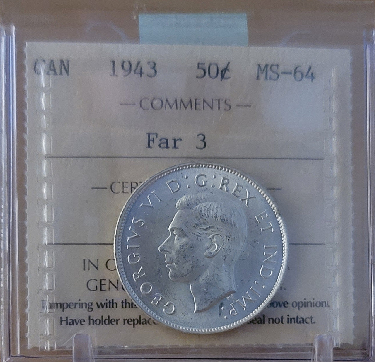 1943 CANADA CIRCULATION 50 CENT MS-64 FAR 3
