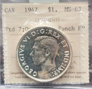 1947 CANADA CIRCULATION SILVER DOLLAR MS-63 PTD 7; QUAD PUNCH HP