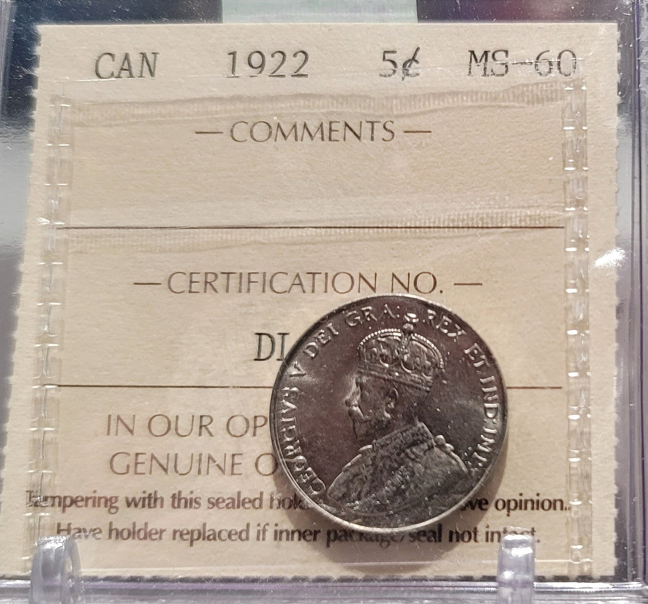 1922 CANADA CIRCULATION 5 CENT MS-60