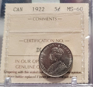 1922 CANADA CIRCULATION 5 CENT MS-60