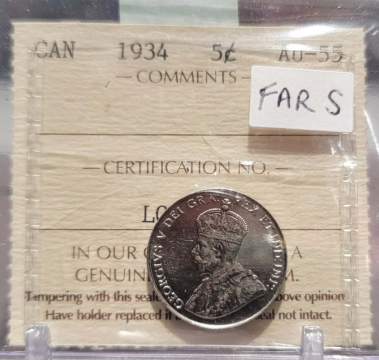 1934 CANADA CIRCULATION 5 CENT AU-55
