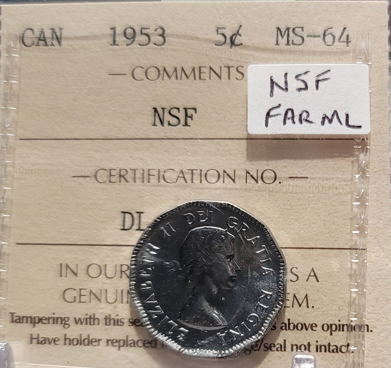 1953 CANADA CIRCULATION-5 CENT NSF; FAR ML MS-64