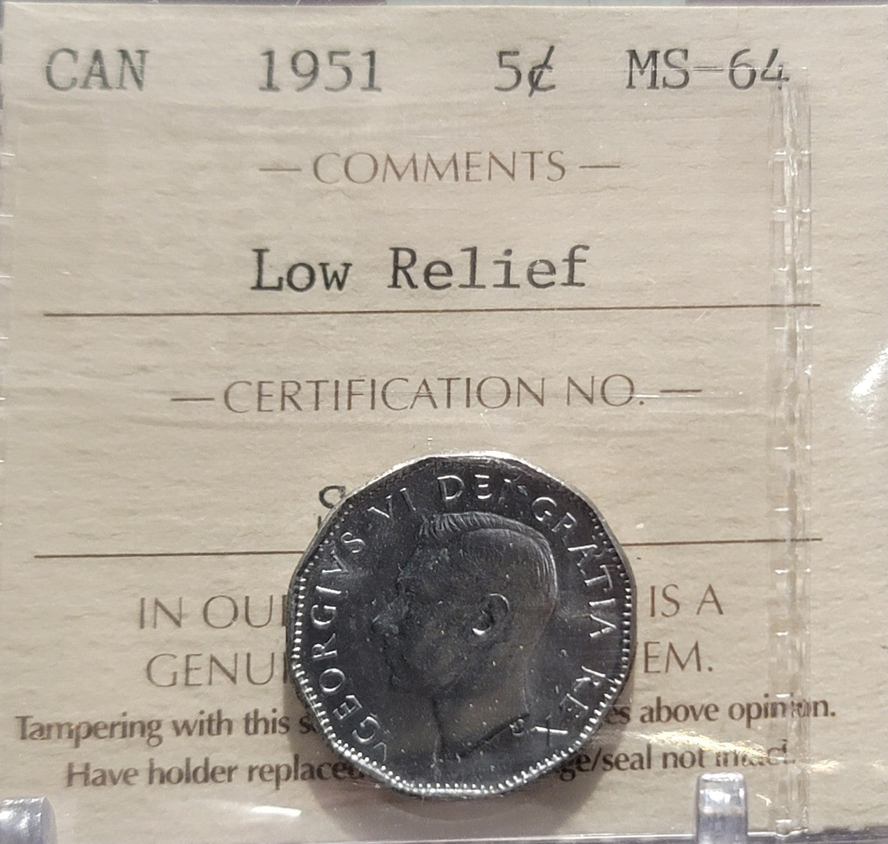 1951 CANADA CIRCULATION 5 CENT LOW RELIEF MS-64