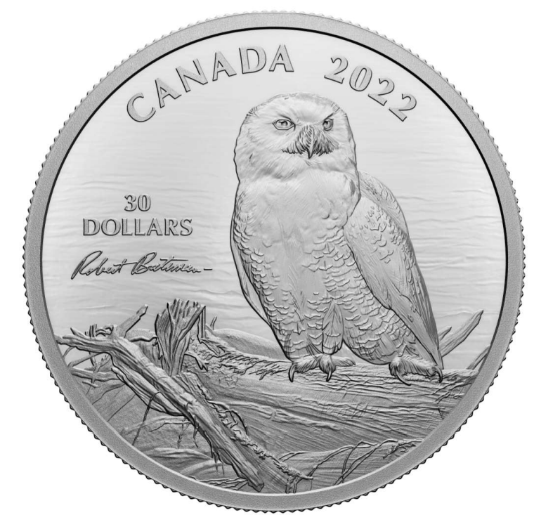 2022 $30 2oz SNOW OWL ON DRIFTWOOD, BY ROBERT BATEMAN FINE SILVER COIN