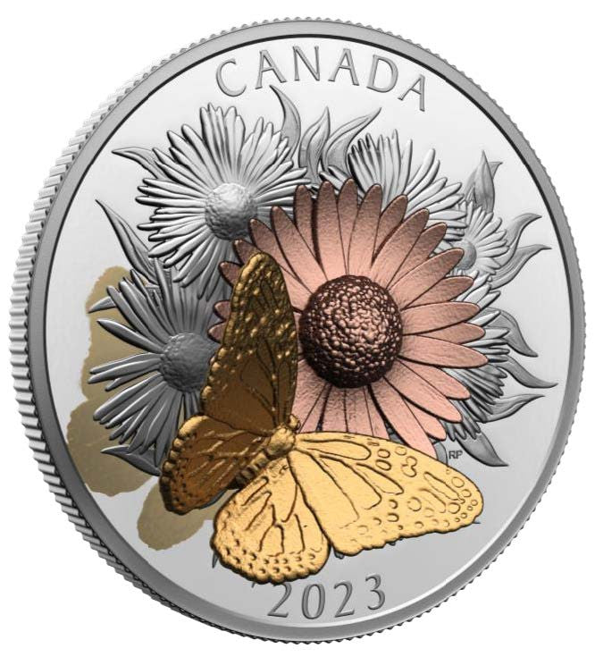 2023 5oz $50 THE MONARCH AND THE BLOOM SPINNING FINE SILVER COIN