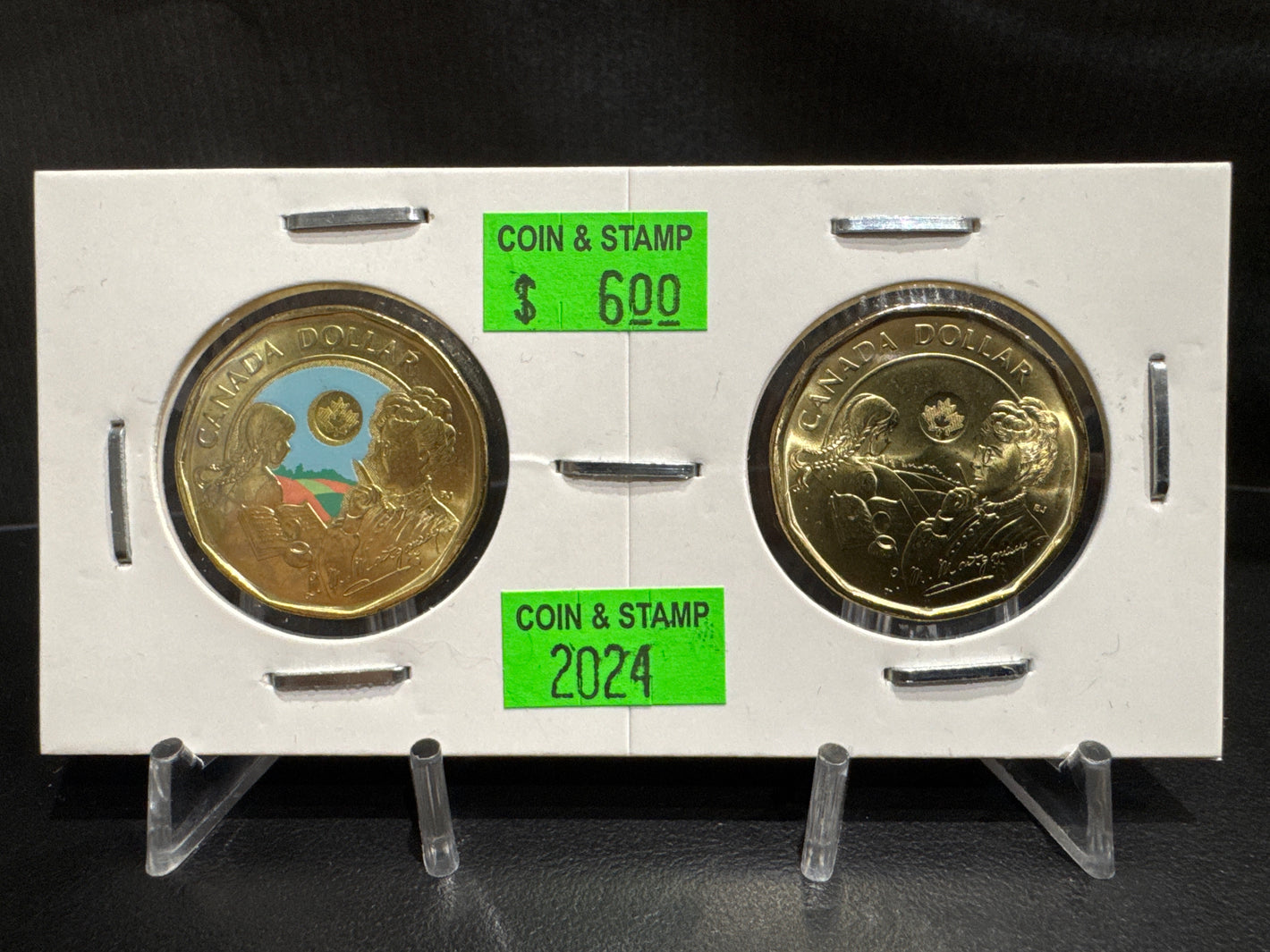 2024 150TH ANNIVERSARY OF THE BIRTH OF L.M. MONTGOMERY IN CARDBOARD 2X2 COLOURED/UNCOLOURED LOONIE (2 PACK)